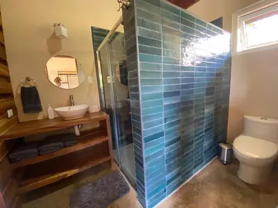 a bathroom with a shower and a toilet and a sink at Casa Heliconia - Gorgeous Garden Home in Delicias in Puntarenas