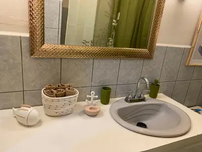 a bathroom counter with a sink and a mirror at Vargas Lodge, Costa Rica in San Vicente