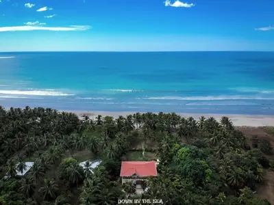 an aerial view of a resort with palm trees and the ocean at Down by the Sea, the beachfront Apartment & Studio in Puerto Coyote
