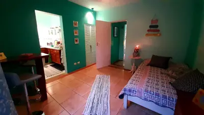 a bedroom with green walls and a bed in a room at Down by the Sea, the beachfront Apartment & Studio in Puerto Coyote