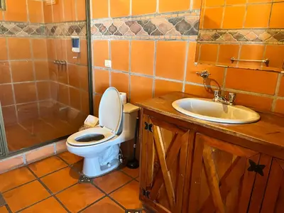 a bathroom with a toilet and a sink at Vista de montaña in Barva