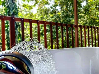 a water fountain spewing water into a white tub at Sloth House in San Isidro