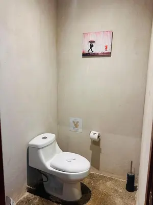 a bathroom with a toilet and a picture on the wall at Villa Carol in Punta Leona