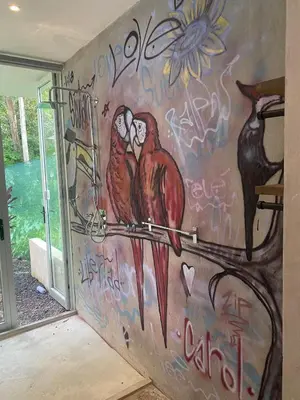 two birds on a wall with graffiti on it at Villa Carol in Punta Leona