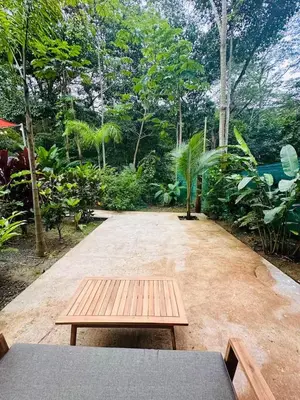 a picnic table in a garden with trees at Villa Carol in Punta Leona