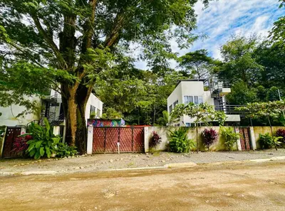 a fence with a tree in front of a house at Villa Carol in Punta Leona