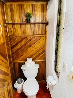a bathroom with a toilet and a wooden wall at Apartamentos El Labrador in Tamarindo
