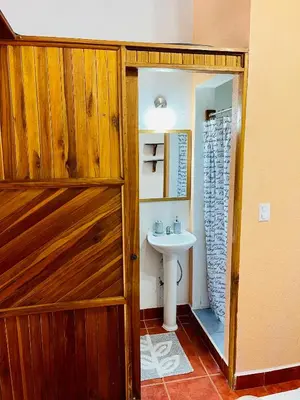 a bathroom with a sink and a shower and a toilet at Apartamentos El Labrador in Tamarindo