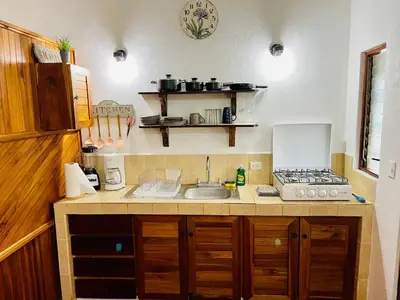 a kitchen with a sink and a stove at Apartamentos El Labrador in Tamarindo