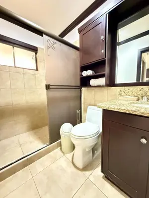a bathroom with a toilet and a shower and a sink at Relaxing 1BR Oasis near Tamarindo in Villarreal