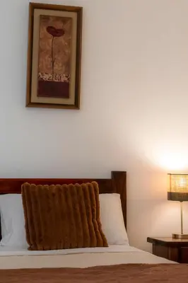 a bed with a brown blanket and a picture on the wall at Habitacion triple clasica - Casa Esmeralda in San José