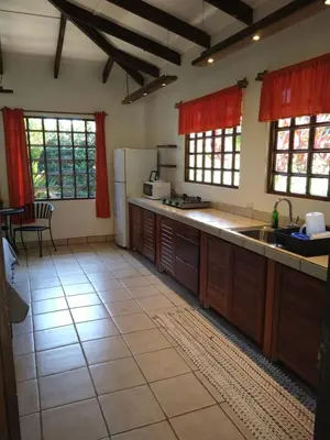 a kitchen with wooden cabinets and a counter top at Casas Buenas Brisas in Ojochal