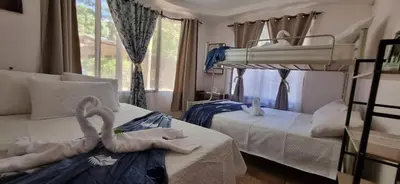 a bedroom with two bunk beds with swans on the beds at Casa Mathi in Portegolpe
