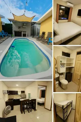 a collage of three pictures of a swimming pool at Bandera Beach Cabins in Parrita