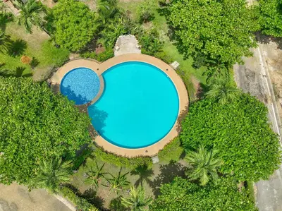 an overhead view of a swimming pool in a forest at Cozy home near the beach in Playa Hermosa in Playa Hermosa