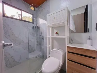 a bathroom with a shower and a toilet and a sink at Jalapa's Rural Container Studio in Tilarán