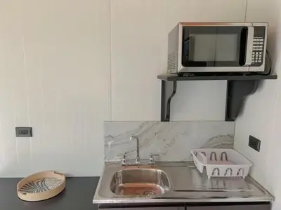 a kitchen with a sink and a microwave on a shelf at Jalapa's Rural Container Studio in Tilarán