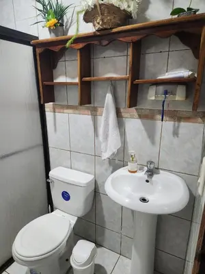 a bathroom with a white toilet and a sink at Casa de campo Bijagua in Upala
