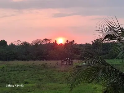 a sunset in a field with a house in the distance at Apartamento Lantanas in Parrita