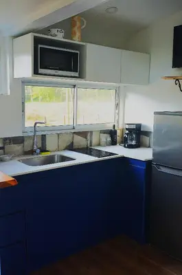 a kitchen with a sink and a microwave at Bus hotel Playa Barrigona, entre Sàmara y Nosara in Nicoya