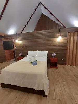 a bedroom with a large bed in a room at Chalet IsaKaEla Volcán Turrialba and Views with charming gardens in Turrialba