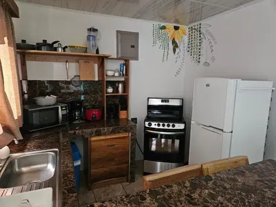 a kitchen with a white refrigerator and a sink at Full equipado, WiFi, AC, vista volcán, 1er piso in Fortuna
