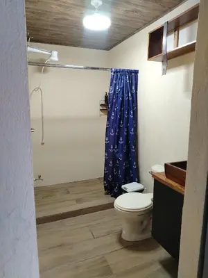 a bathroom with a toilet and a blue shower curtain at Apartamento Roble Sabana in Tapantí