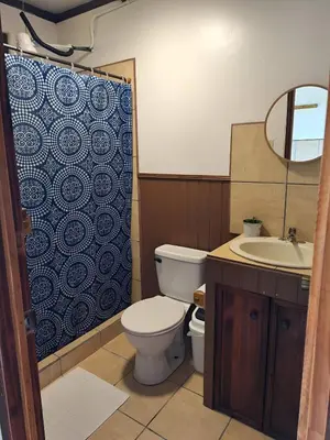 a bathroom with a toilet and a sink and a shower at Casa Vacacional floreva in Tapantí