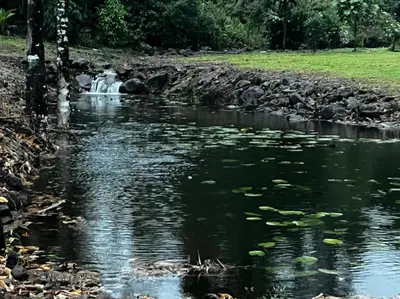a stream of water with a waterfall in the background at Picki's Cabin in Guácimo