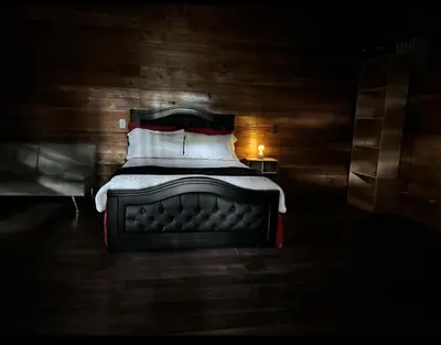 a bedroom with a bed with a wooden wall at Picki's Cabin in Guácimo