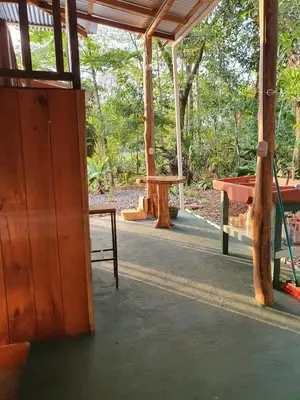 a pavilion with a picnic table and a bench at Cabaña del Bosque in Tapantí