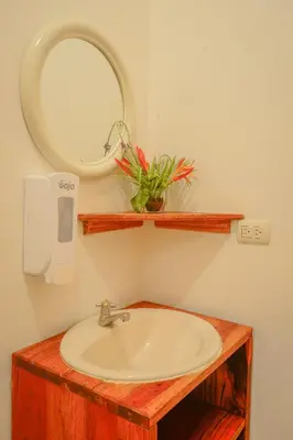a bathroom with a sink and a mirror at Hotel Cerro Lodge in Tarcoles