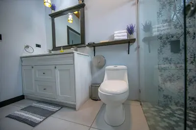 a bathroom with a toilet and a sink and a shower at La Azulada-5min La Fortuna, King beds, pool, BBQ in Fortuna