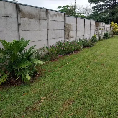 a long concrete wall with plants next to a yard at Cabaña Gerya in Chachagua