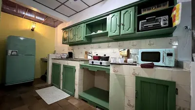 a kitchen with green cabinets and a refrigerator at Casita Vintage AC in Turrialba
