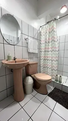 a bathroom with a sink and a toilet and a mirror at Casita Vintage AC in Turrialba