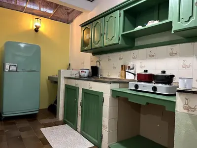 a kitchen with green cabinets and a refrigerator at Casita Vintage AC in Turrialba