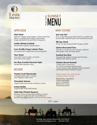 a menu of the sunset menu at the beach at Apartment located in The Palms Private in Playa Flamingo, Costa Rica in Portegolpe