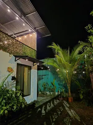 a house with a palm tree in front of it at night at La Casa de Pepa y Poli with Jacuzzi and free bikes in Uvita
