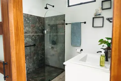 a bathroom with a shower and a sink at Loft con hermosas vistas y Volcán Turrialba in Turrialba