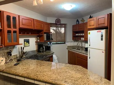 a kitchen with wooden cabinets and a white refrigerator at Firefly Hilltop Retreat, Swimming Pool Volcano! in El Castillo de La Fortuna
