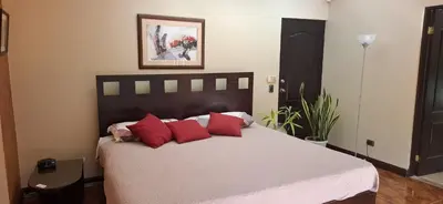 a bedroom with a large bed with red pillows at Bed and breakfast close to airport, beaches and attractions in Alajuela City