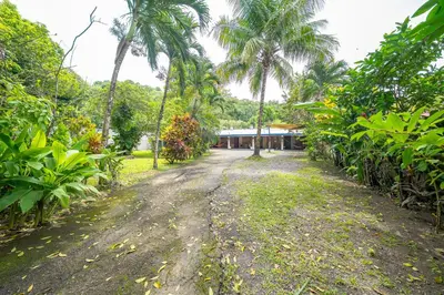 a dirt road in front of a building with palm trees at Santa Toro, private rooms close to the beach in Santa Teresa Beach