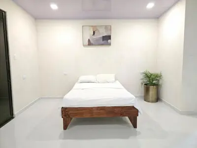 a white room with a bed and a plant at Apartamento Las Tecas in Quepos