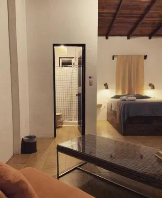 a bedroom with a bed and a glass table at Hotel Monte del Mago in Carrillos