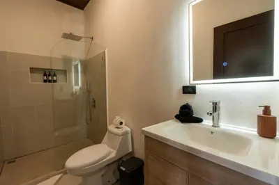 a bathroom with a sink and a toilet and a shower at Villa Bosque CR in Turrialba