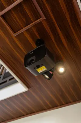 a wood paneled ceiling with a light on it at Villa Bosque CR in Turrialba