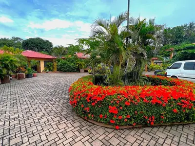 a flower bed with red flowers in a parking lot at Casa Serena! in Coco
