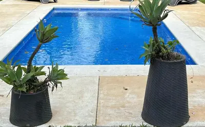 two black vases with plants in them next to a swimming pool at Casa de descanso in San Pablo