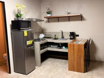 a kitchen with a sink and a refrigerator at Apartamentos MarSol in Uvita